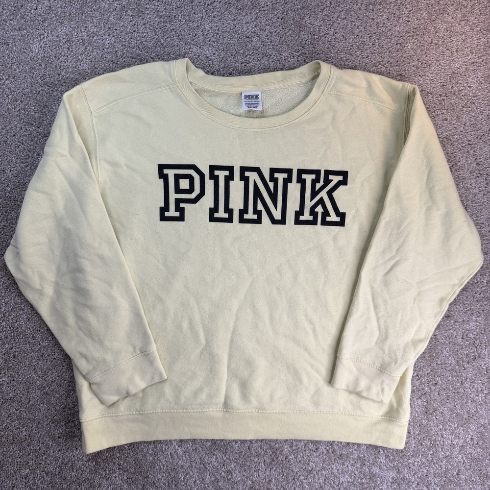 PINK Victoria's Secret Sweatshirt Womens XL Yellow Fleece Logo Pullover Crewneck